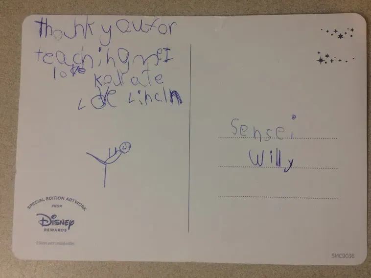 Handwritten thank-you postcard from a young student to Sensei Willy for teaching him karate