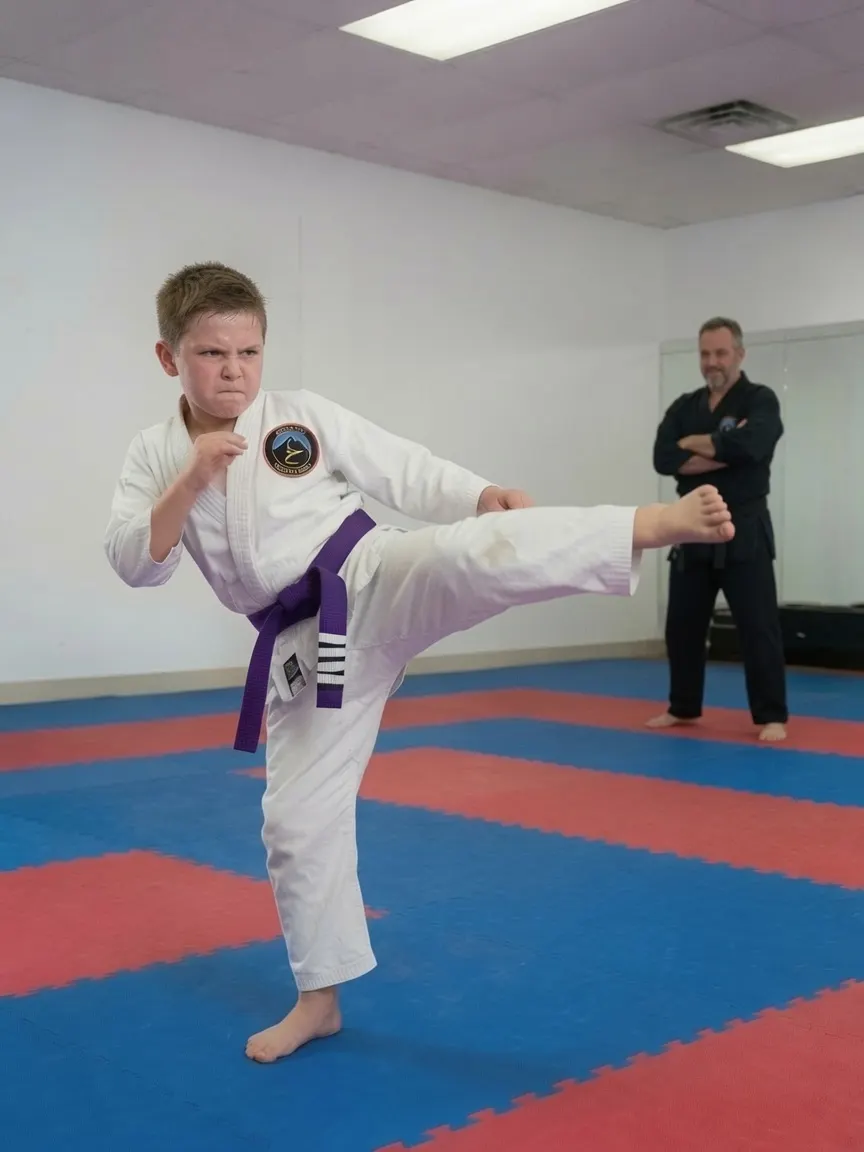Determined purple belt boy throwing a side kick as his instructor watches