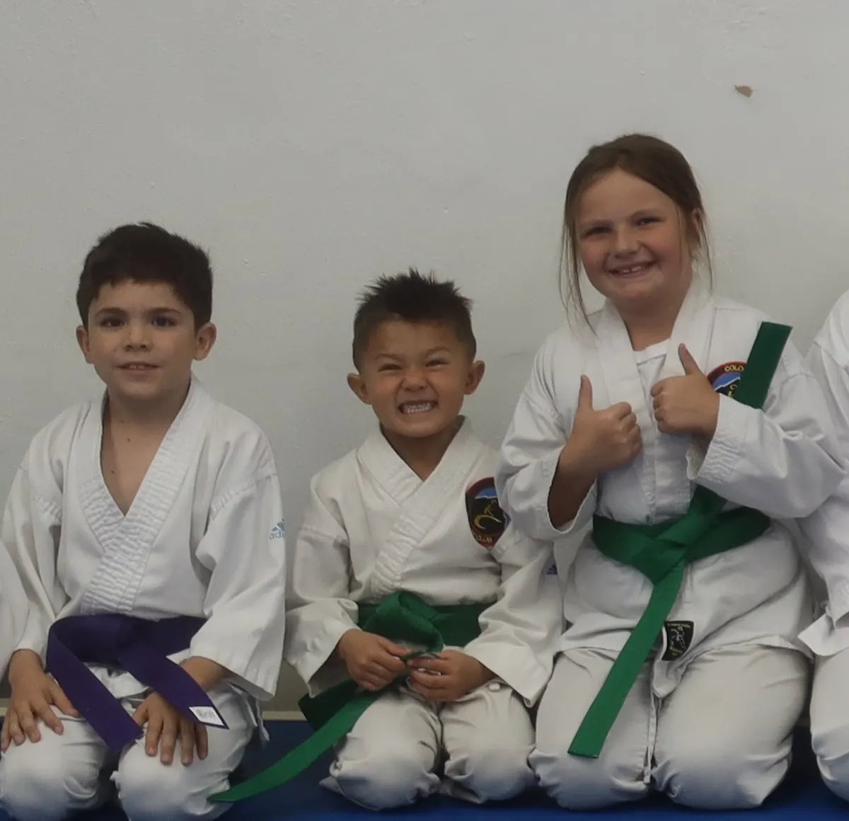 Three smiling young karate students in white gis with purple and green belts kneeling on the mat