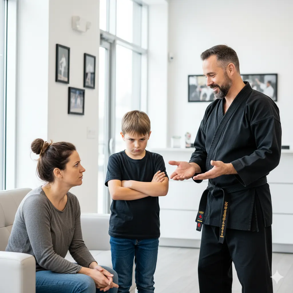 Instructor in a black gi talking with a mom and her frowning son who has his arms crossed