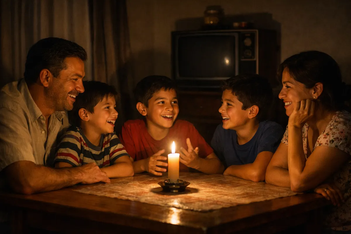 Family laughing together around a candle on the kitchen table during a power outage