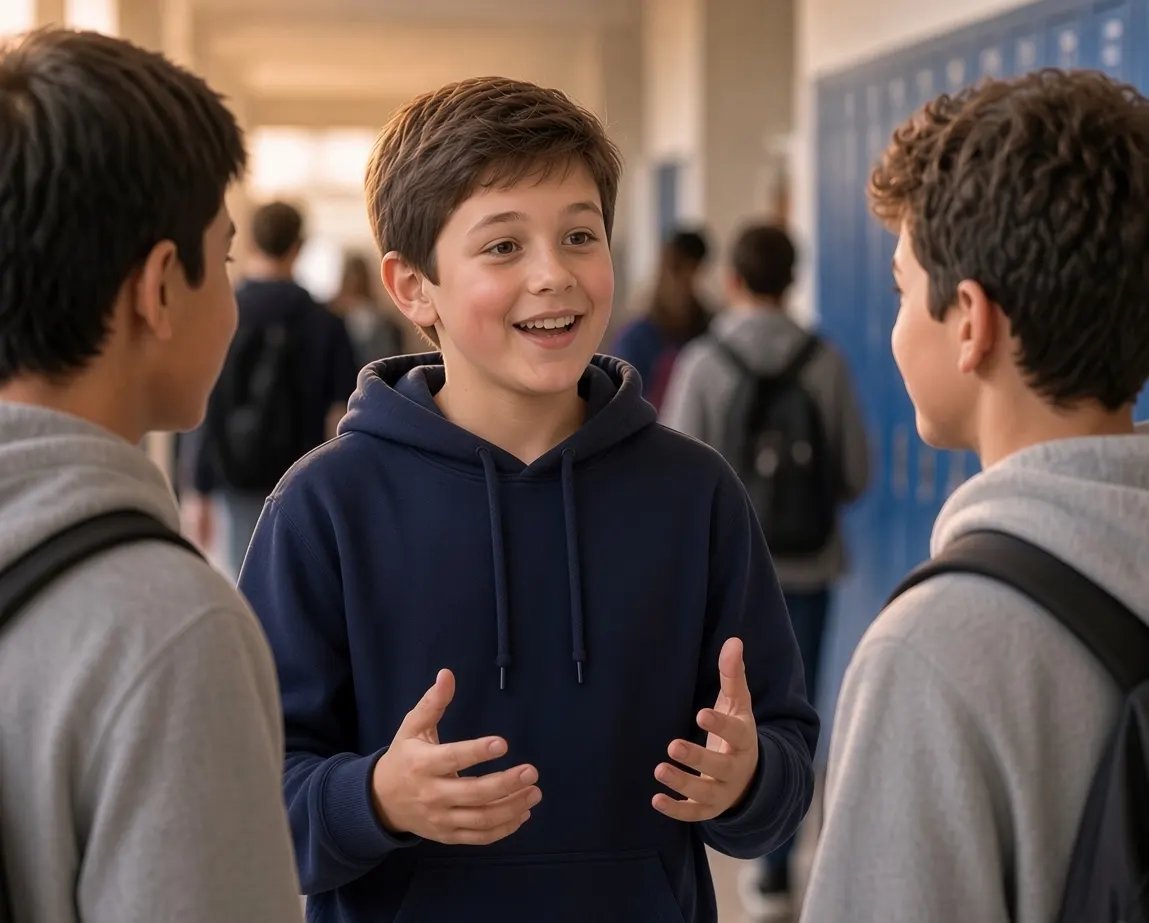 Smiling boy in a navy hoodie talking with two classmates in a school hallway
