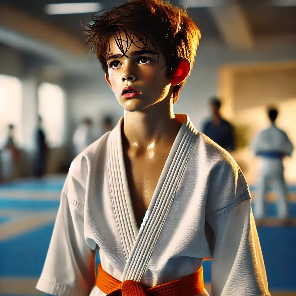 Teen karate student in a white gi and orange belt looking up with an uncertain expression