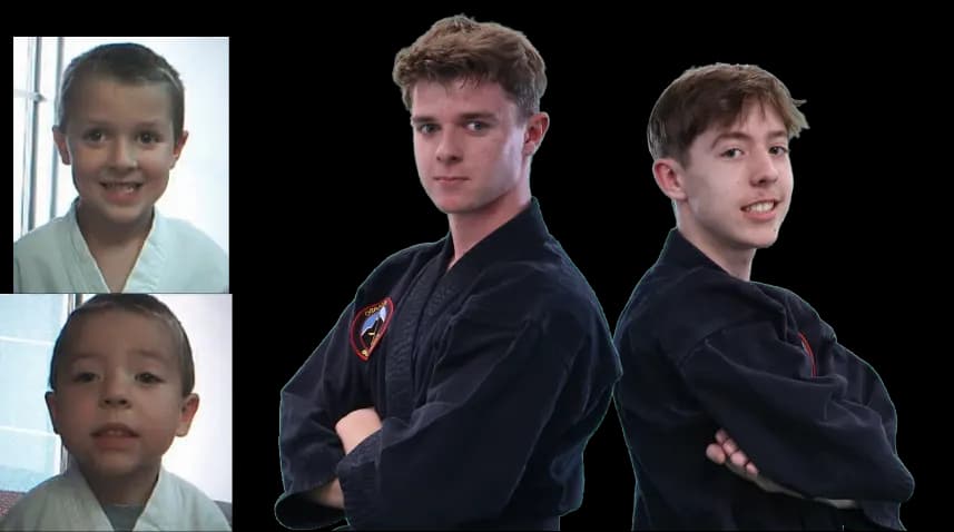 Two brothers as young white belts beside a photo of them as teens in black uniforms