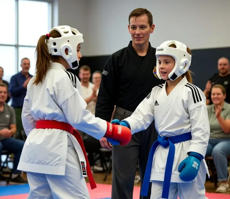 Dos jóvenes competidoras de Karate con protector de cabeza y guantes, una con cinturón rojo y otra con cinturón azul, chocan los guantes después del combate mientras un instructor y las familias observan