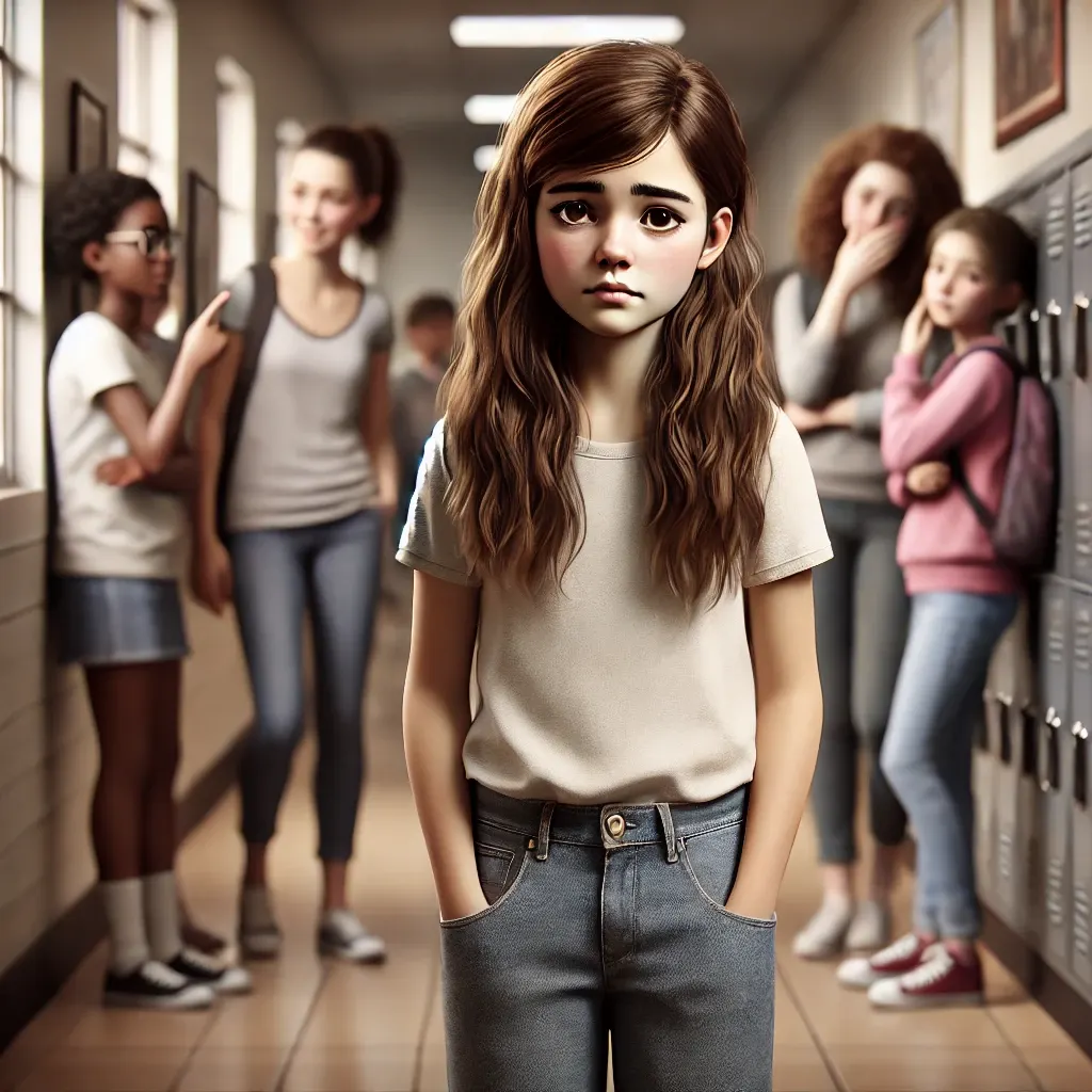 Sad girl standing in a school hallway while classmates whisper and point behind her